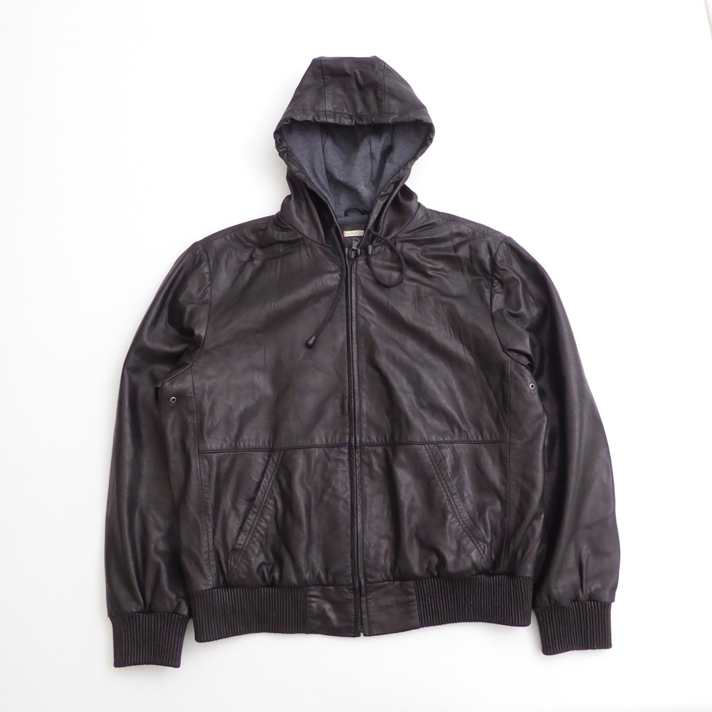 Carbon 2 Cobalt Mens Leather Hooded Jacket Lined Black Zip Up Size XL